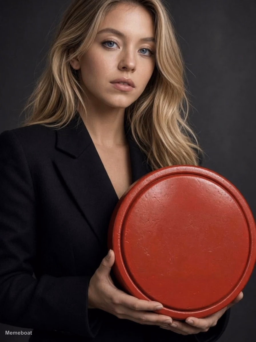 Sydney Sweeney Holding Red Circle - meme generator image preview
