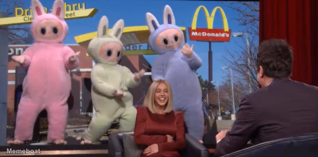 Sydney Sweeney on Jimmy Fallon with 3 Labubus Behind Her - meme generator image preview
