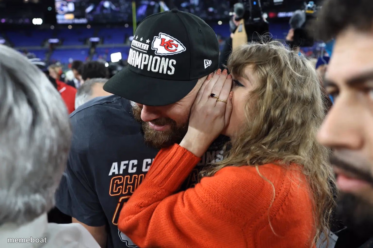 Taylor Swift whispering to Travis Kelce - meme generator image preview