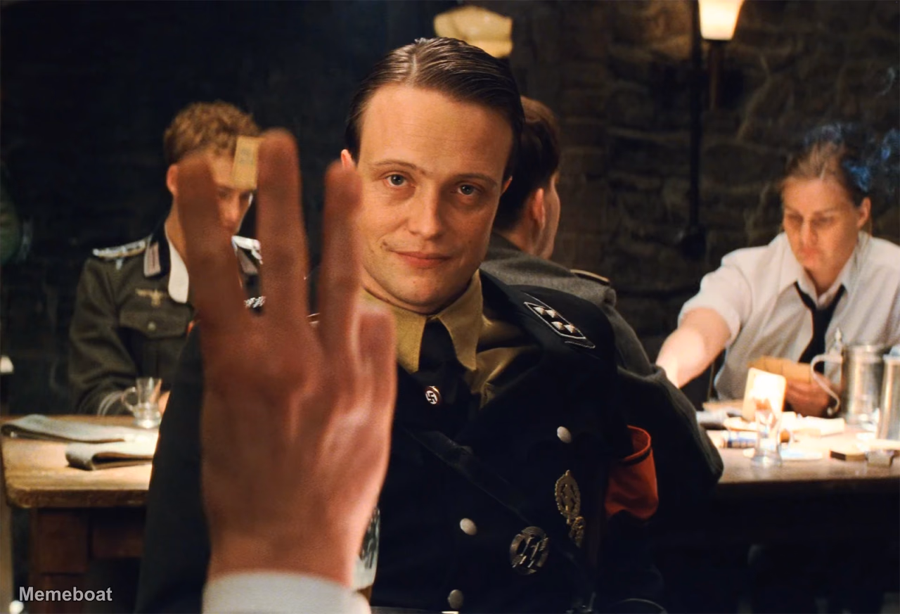Three Finger Gesture Reveals Imposter - Inglourious Basterds - meme generator image preview