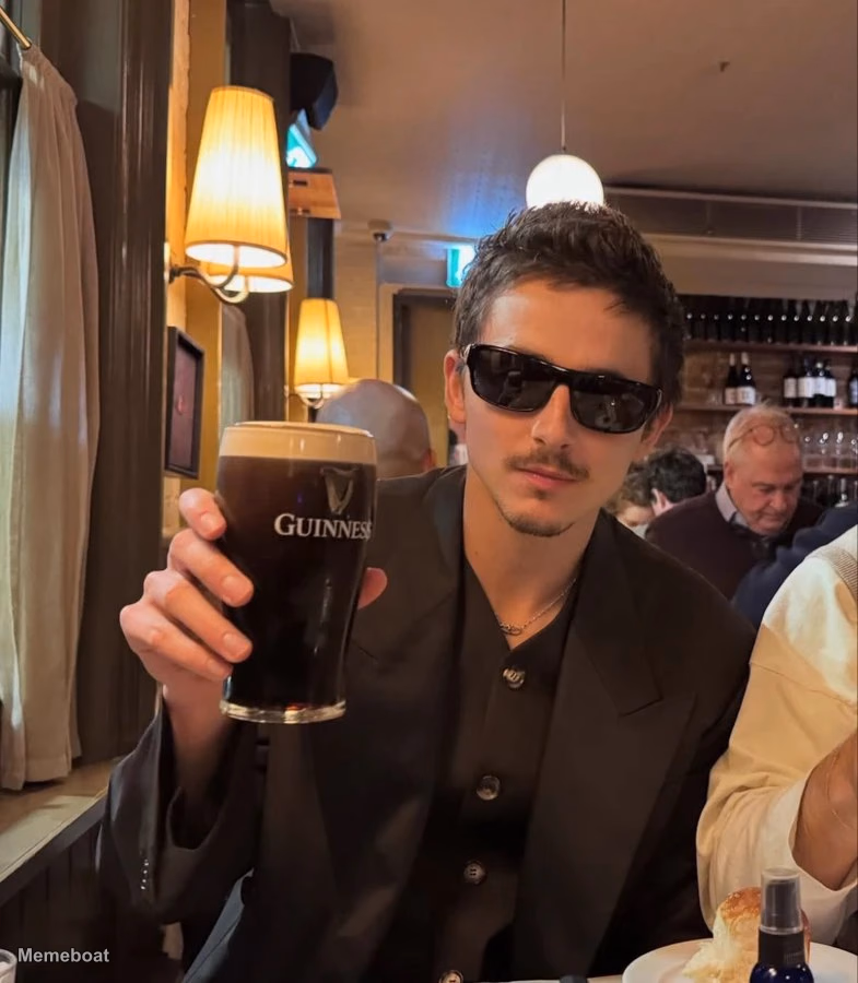 Timothée Chalamet Holding Guinness - meme generator image preview