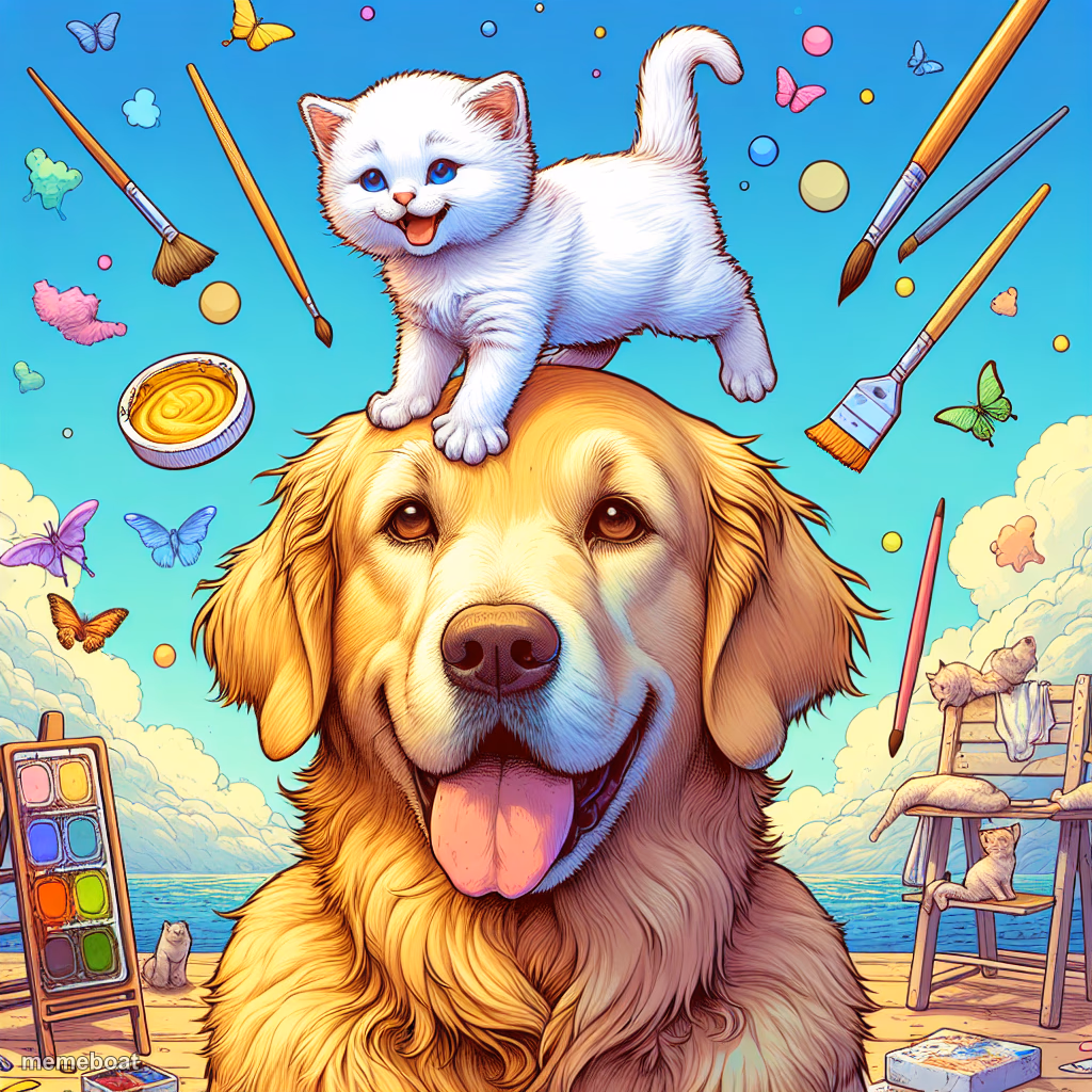 tiny happy white kitten on a golden retriver - meme generator image preview