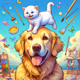 tiny happy white kitten on a golden retriver