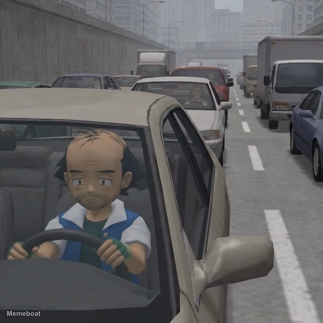 Tired Ash Ketchum Driving - meme generator image preview
