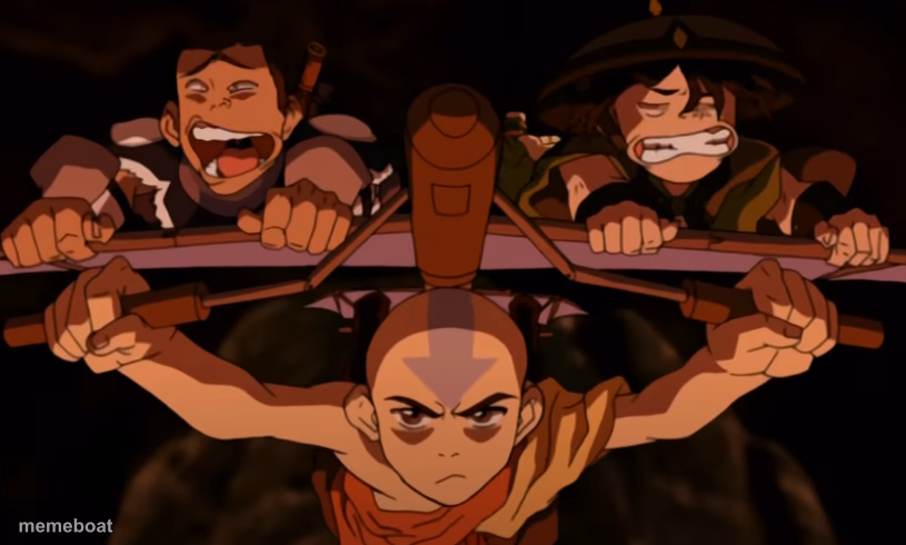 Toph and Sokka flying on Aang's glider - meme generator image preview