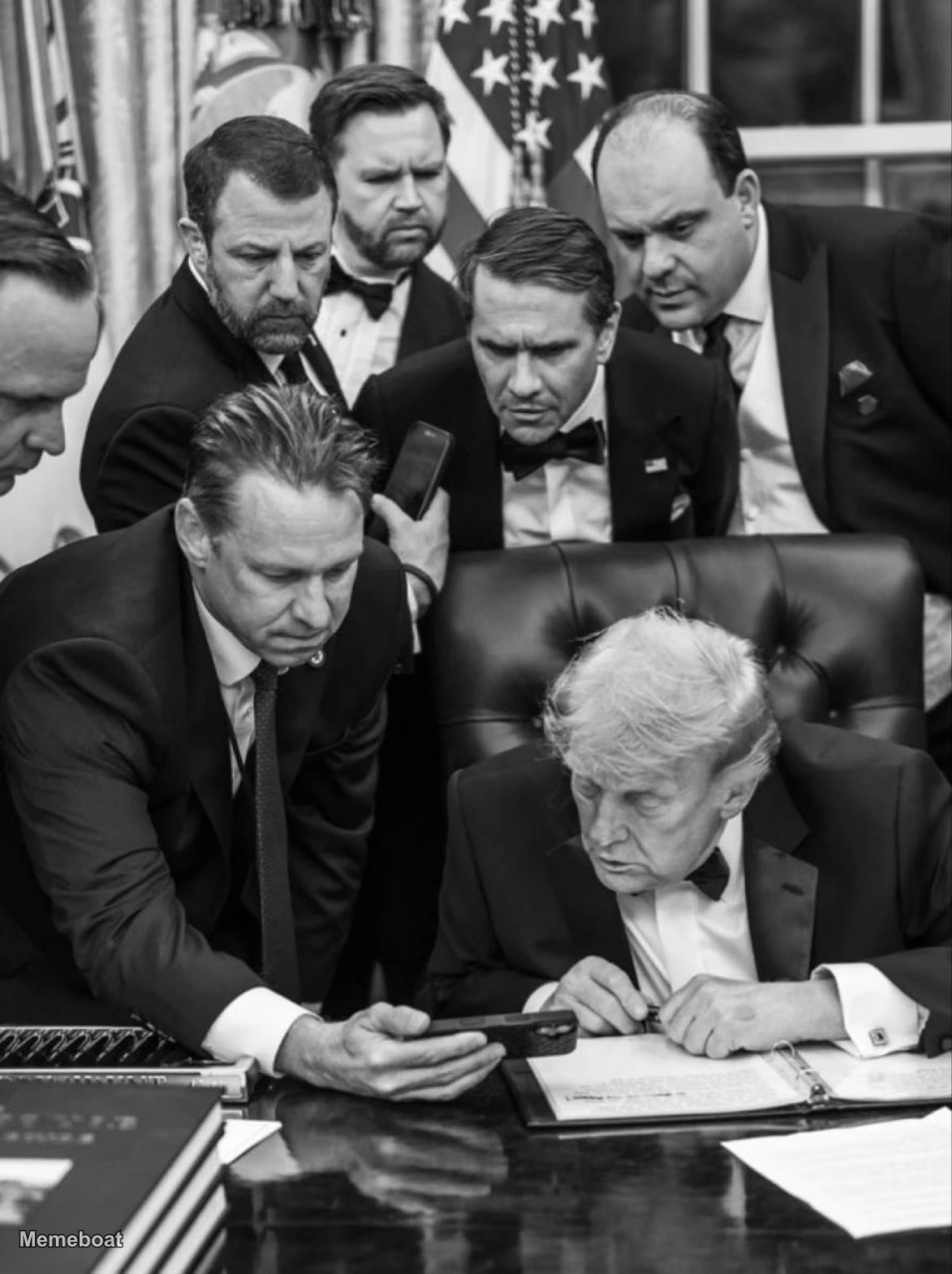 Trump and Cabinet Intently Viewing Phone - meme generator image preview