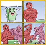 Two buff cartoons beating up rectangle
