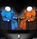 Two giants looking at a small guy