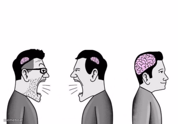 Two small brain men screaming at each other while big brain man - meme generator image preview