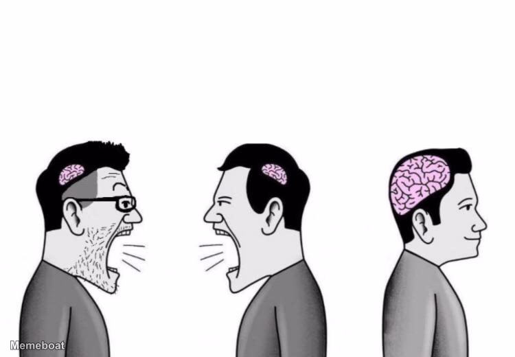 Two small brain men screaming at each other while big brain man - meme generator image preview