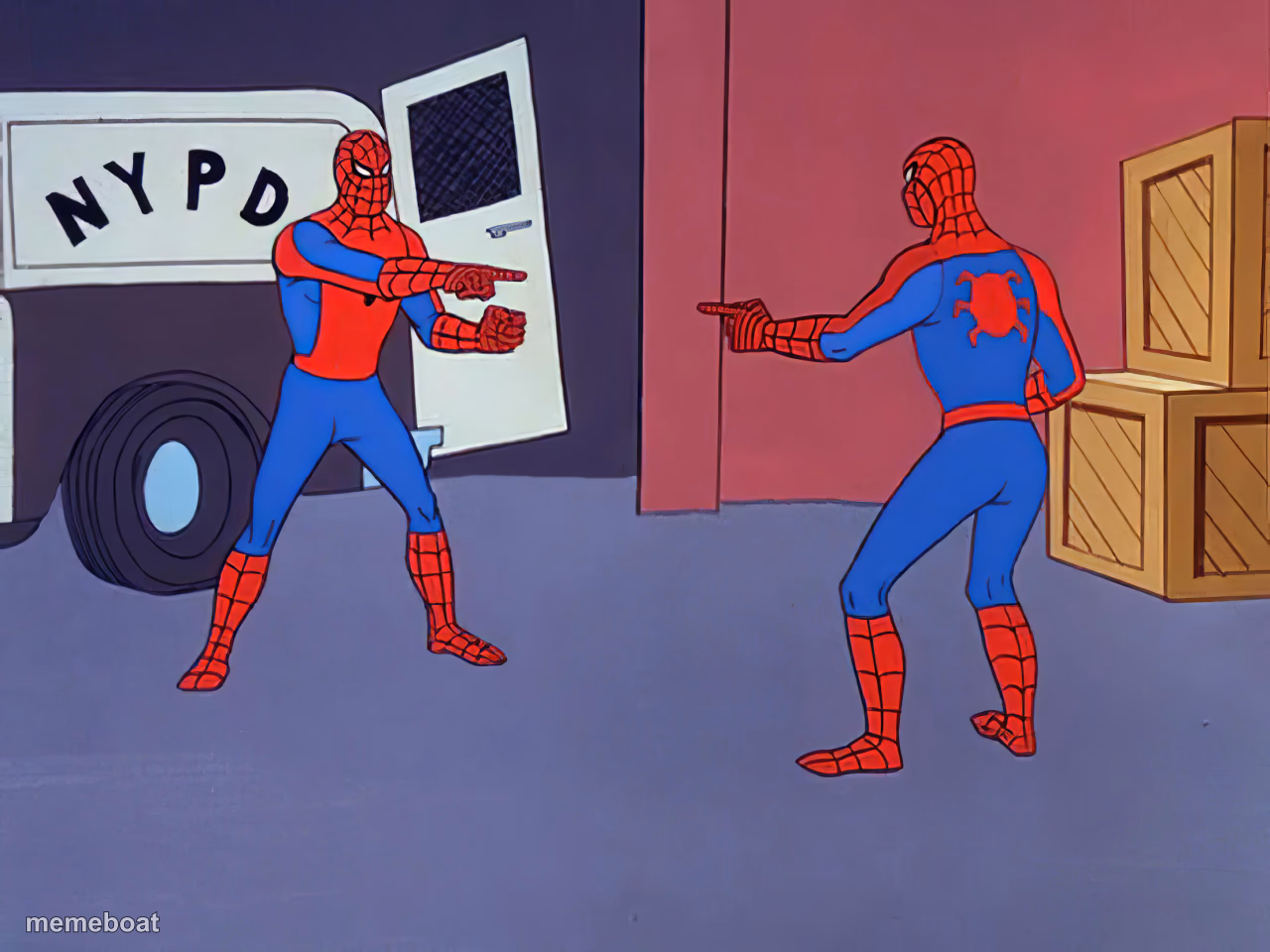 Two Spidermen pointing at each other - meme generator image preview