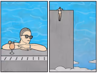 Unconcerned Woman in Pool, Woman on Cliff Edge