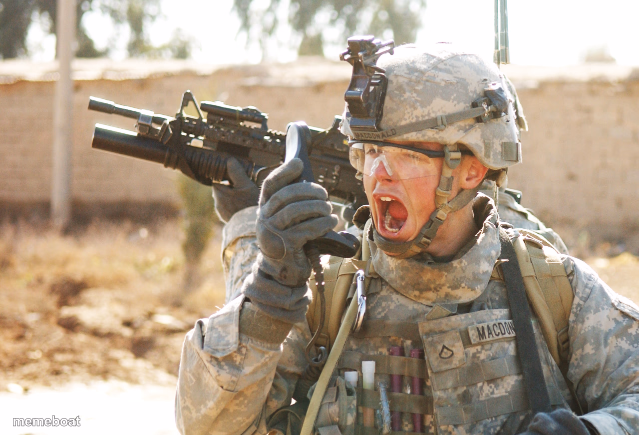 US Army Soldier yelling radio iraq war - meme generator image preview