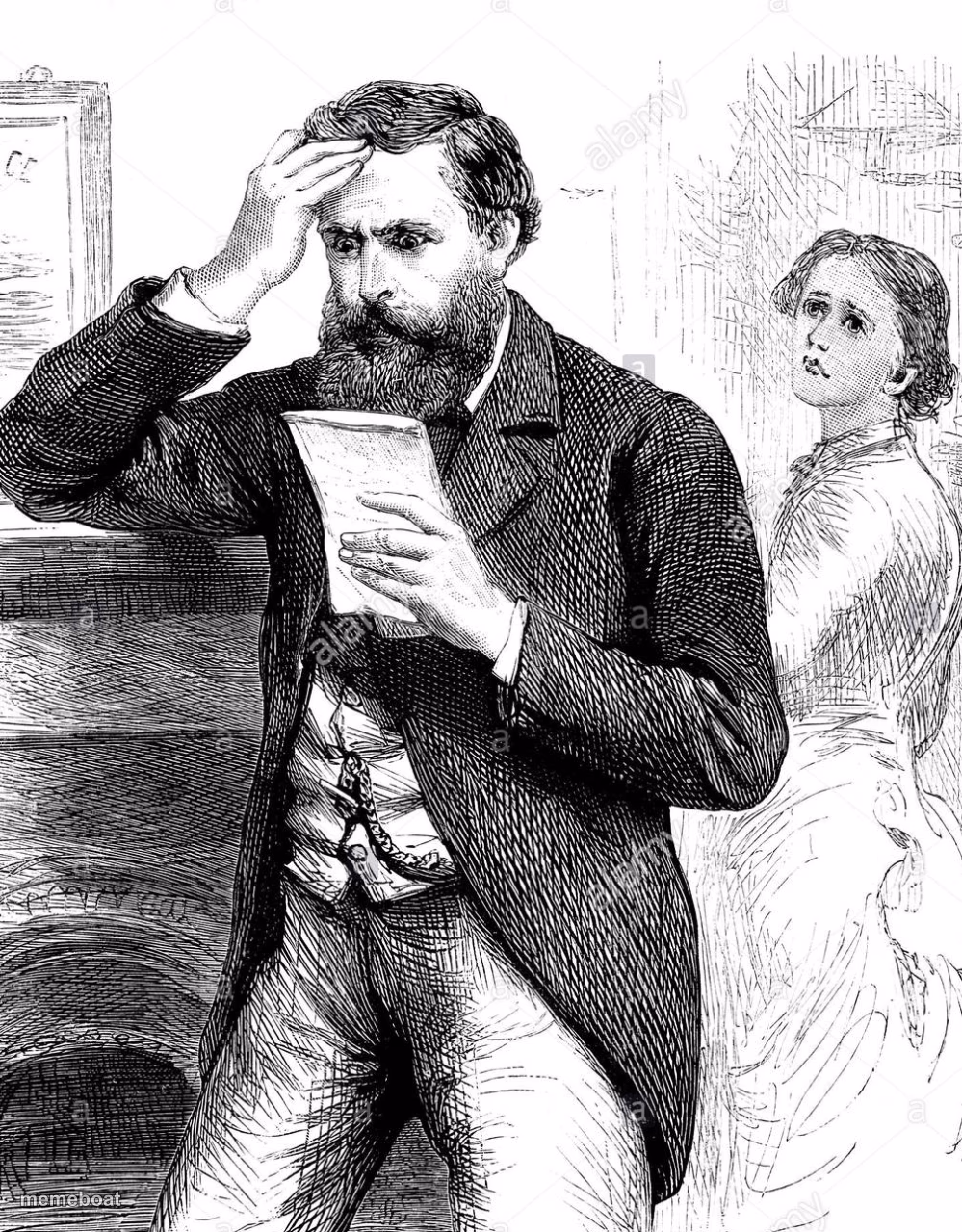 Victorian Man Reading Bad News Letter - 1884 Illustration - meme generator image preview