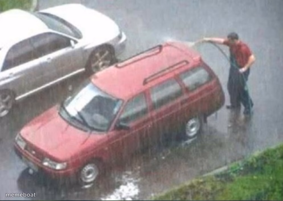 Washing car in rain - meme generator image preview