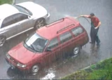 Washing car in rain