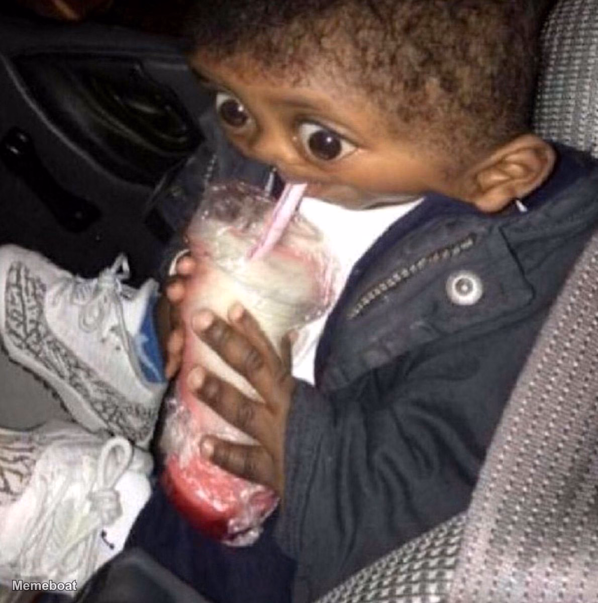 Wide Eyed Kid Drinking - meme generator image preview