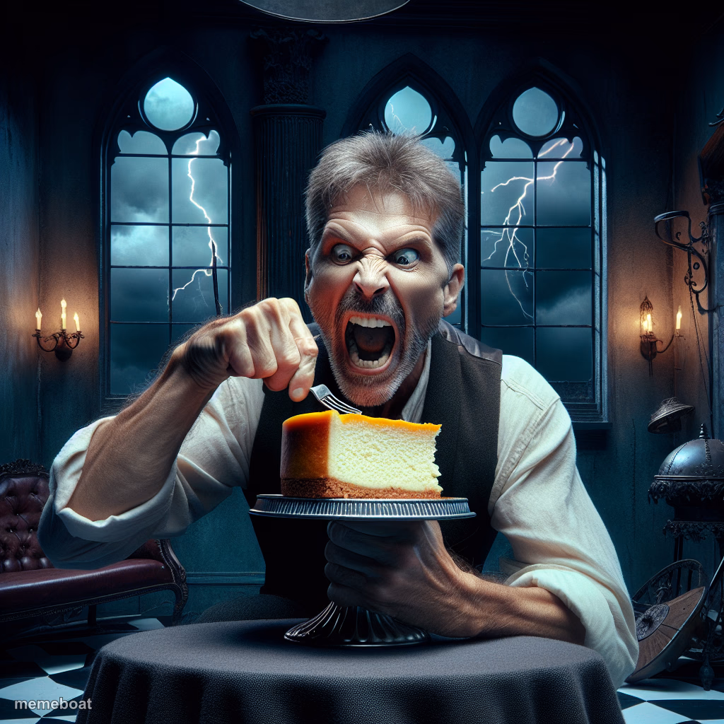 Willem Dafoe eating cheesecake aggressively - meme generator image preview
