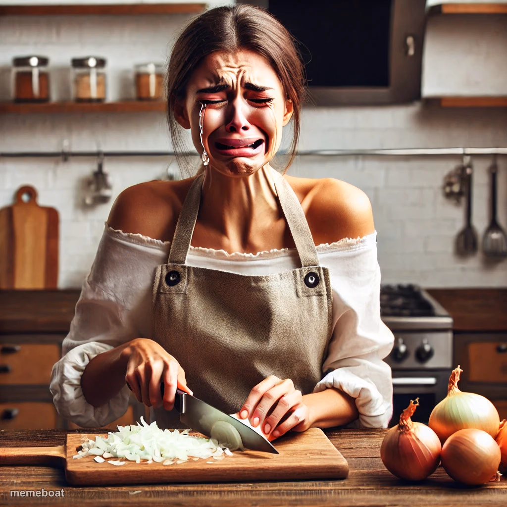 Woman Crying While Chopping Onions - meme generator image preview