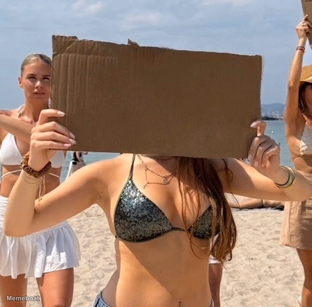 Woman Holding Blank Sign on Beach - meme generator image preview