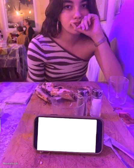 Woman In Zebra Top With Phone - meme generator image preview