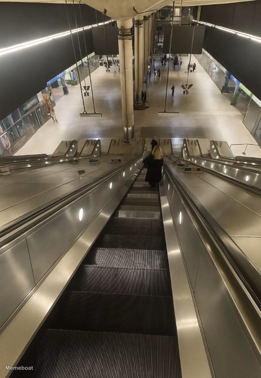 Woman on Long Escalator - meme generator image preview
