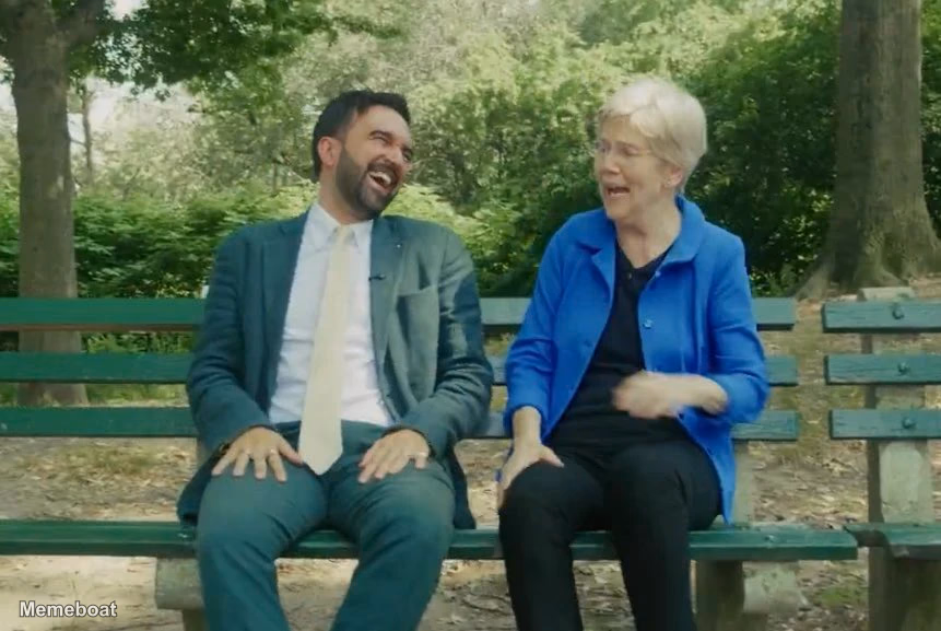 Zohran Mamdani and Elizabeth Warren Laughing - meme generator image preview