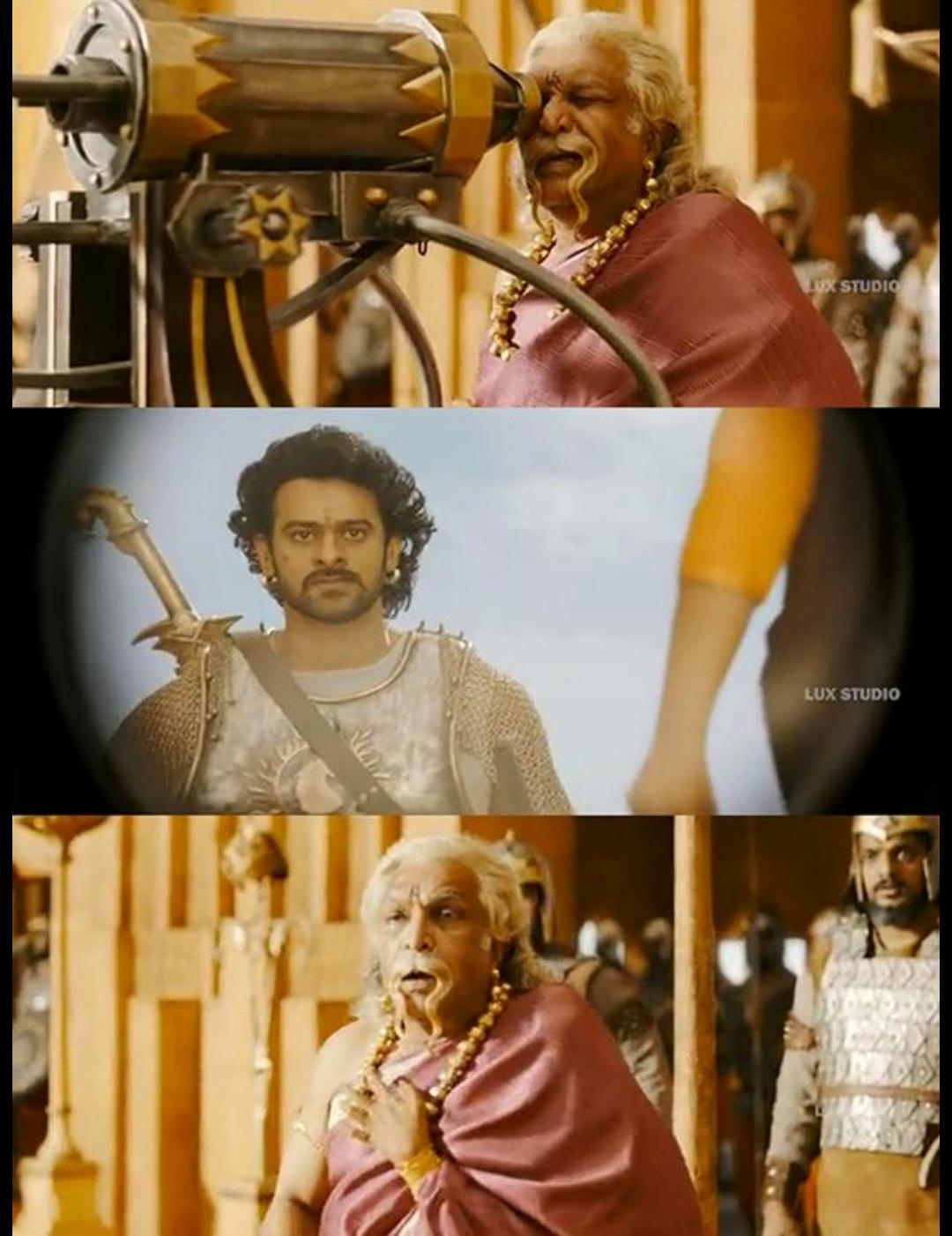 Bāhubali: The Beginning meme template with Amarendra Bāhubali / Mahendra "Sivudu" Bāhubali (Prabhas) with Bijjaladeva (Nassar)