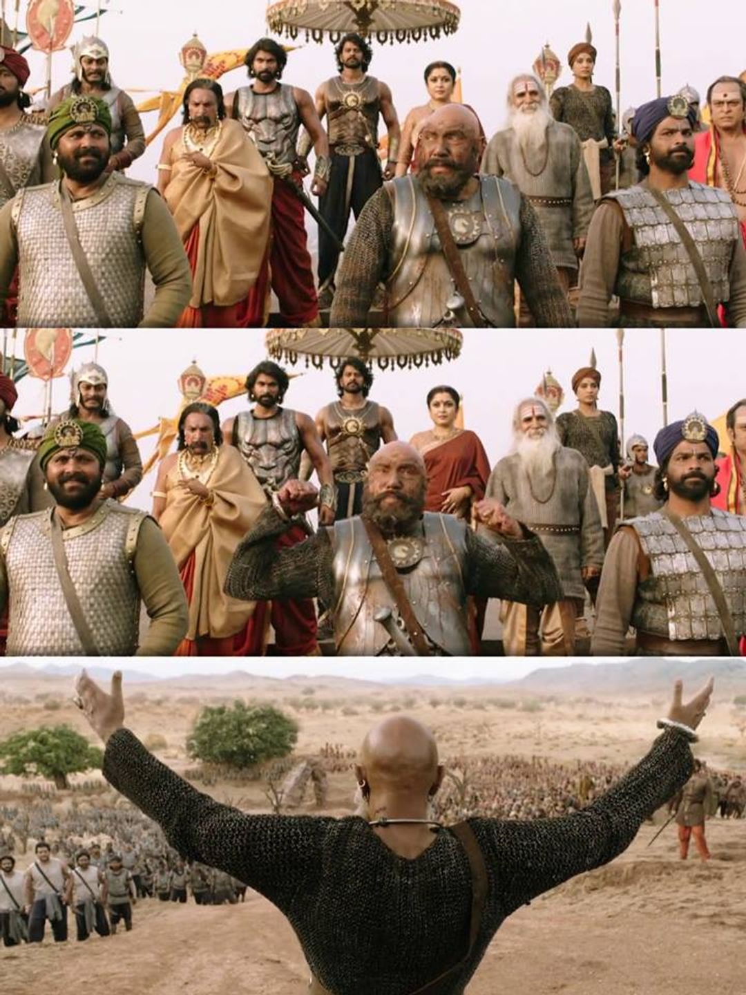 Bāhubali: The Beginning meme template with Sivagami (Ramya Krishnan) with Bijjaladeva (Nassar) with Kattappa (Sathyaraj)