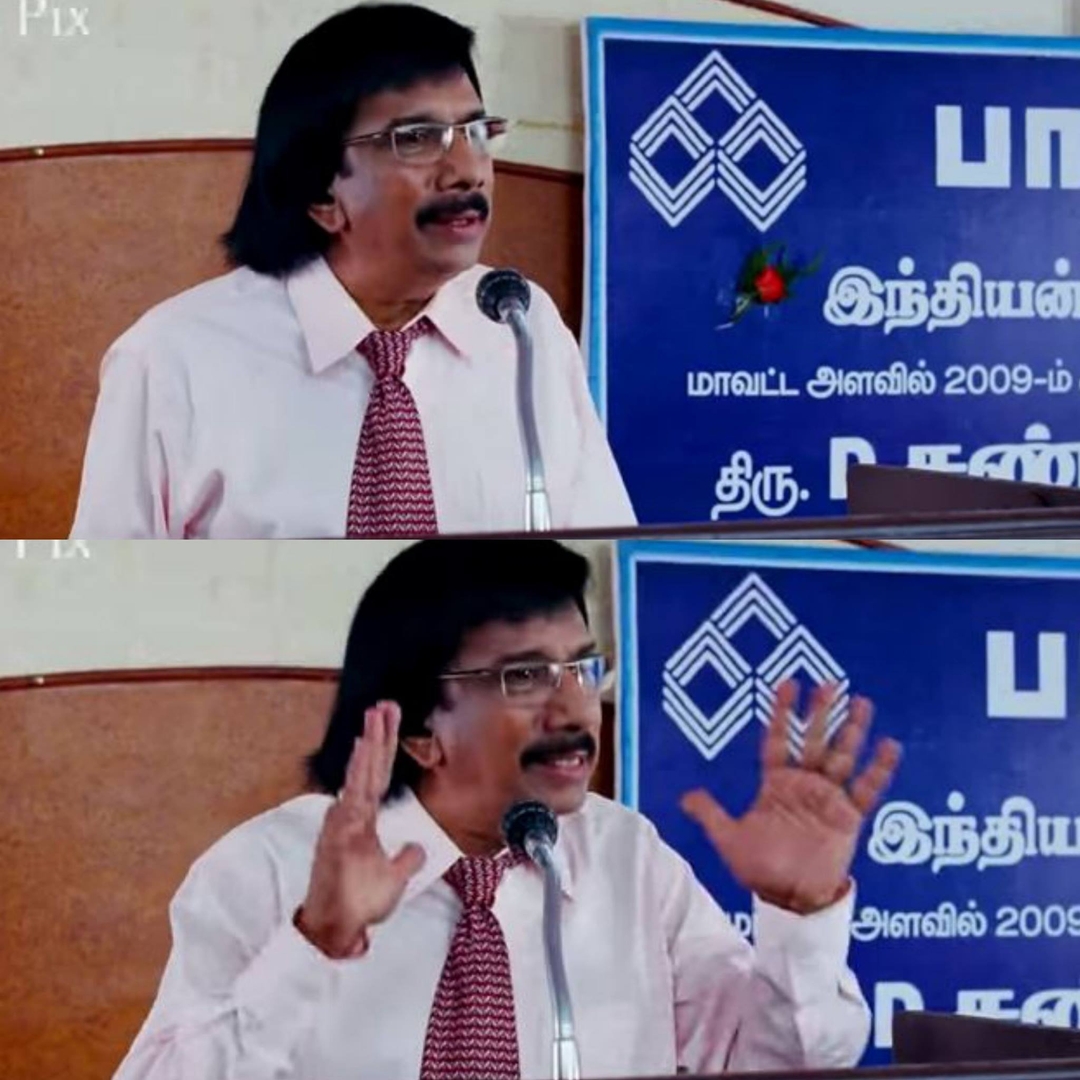 Boss Engira Baskaran meme template with Bhaskaran (Arya) with Nallathambi (Santhanam) with Shanmugasundaram (Chitra Lakshmanan)