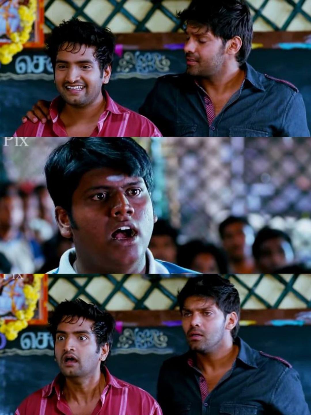 Boss Engira Baskaran meme template with Bhaskaran (Arya) with Nallathambi (Santhanam) with Paalpandi (Kumki Ashwin)