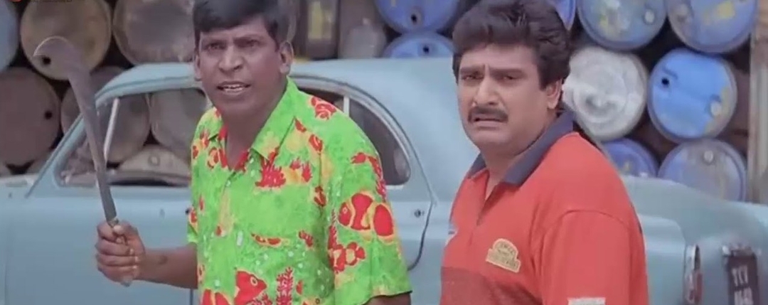 Friends meme template with Contractor Nesamani (Vadivelu) with Krishnamoorthy (Ramesh Khanna)