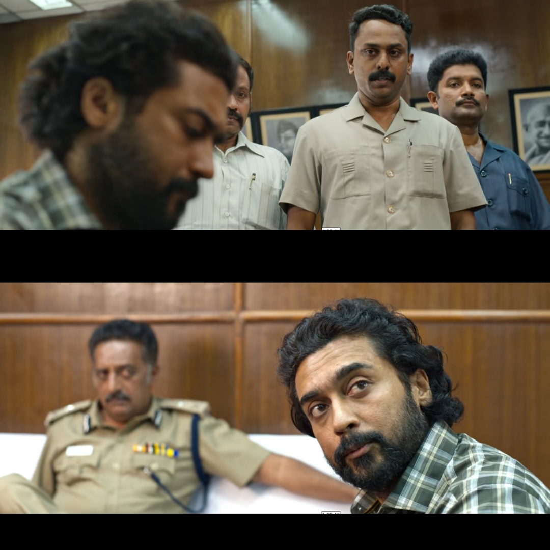 Jai Bhim meme template with Adv. Chandru (Suriya) with SP Ashok Varadhan (Sibi K Thomas)