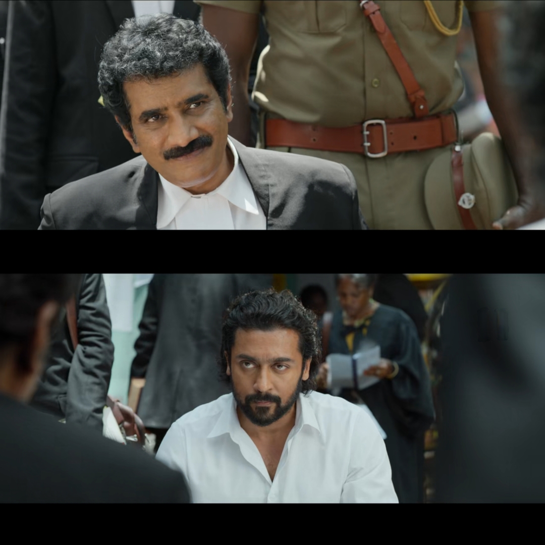 Jai Bhim meme template with Adv. Chandru (Suriya) with Advocate General Ram Mohan (Rao Ramesh)
