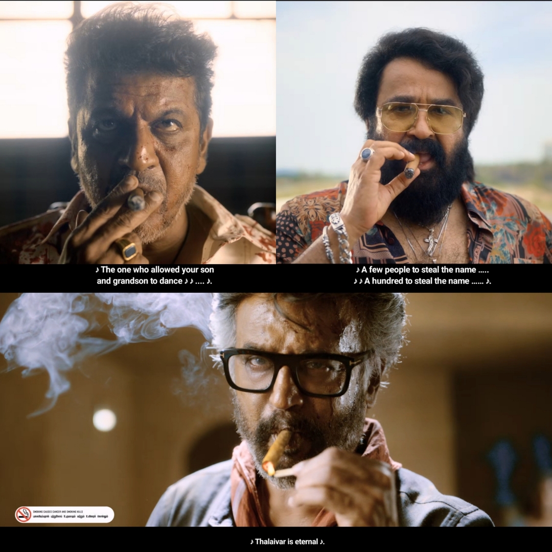Jailer meme template with Muthuvel "Tiger" Pandian (Rajinikanth) with Mathew (Mohanlal) with Narasimha (Shivaraj Kumar)