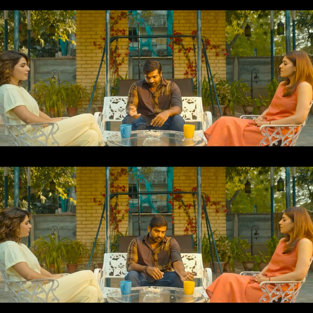 Kaathuvaakula Rendu Kaadhal meme template with Ranjangudi Anbarasu Murugesa 'Rambo' Boopathy Oohindhiran (Vijay Sethupathi) with Kanmani (Nayanthara) with Khatija (Samantha Ruth Prabhu)