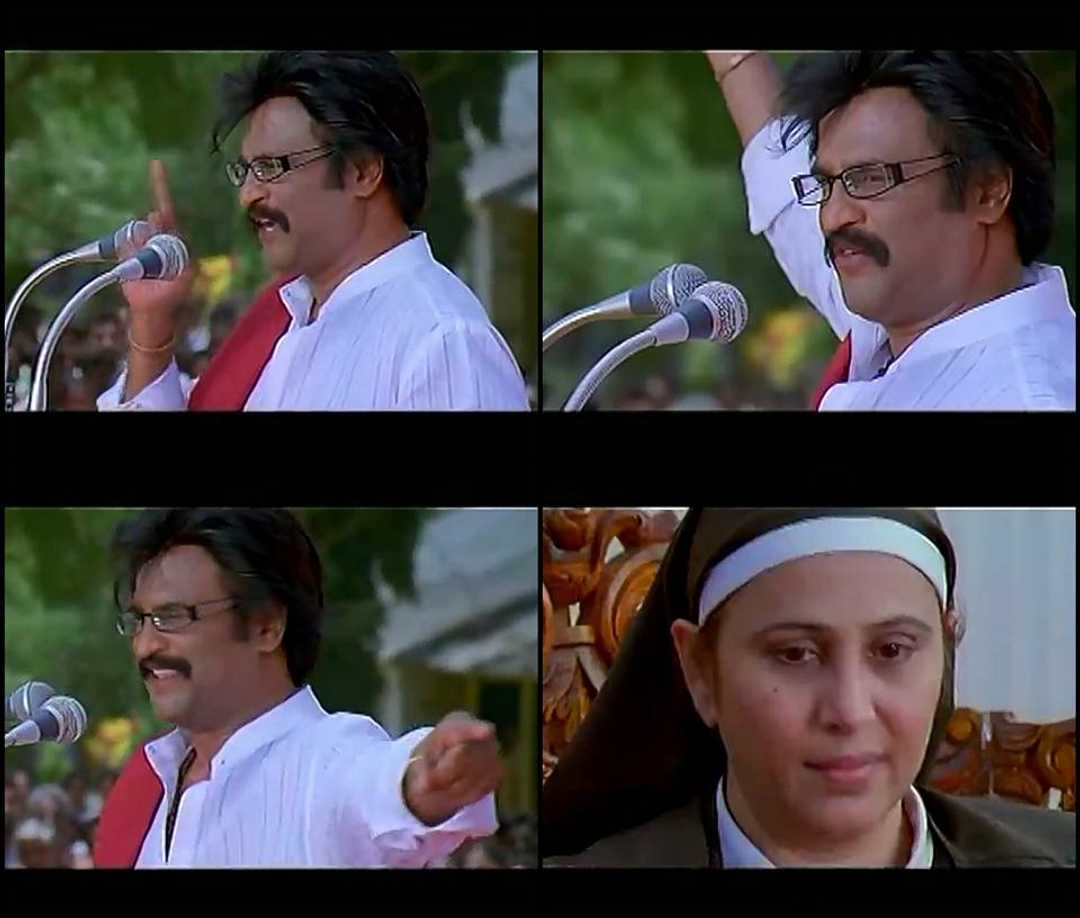 Kuselan meme template with Ashok Kumar (Rajinikanth) with Headmistress (Geetha)