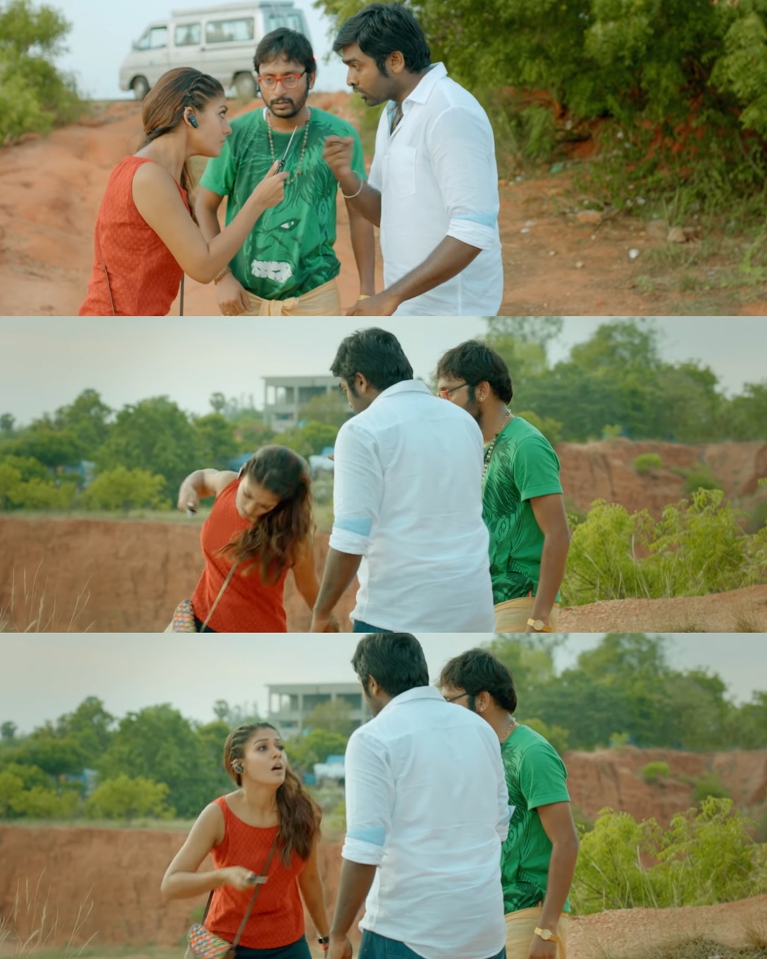 Naanum Rowdydhaan meme template with 'Pondy' Pandi (Vijay Sethupathi) with Kadambari (Nayanthara) with Junior Rowdy (Balaji Patturaj)