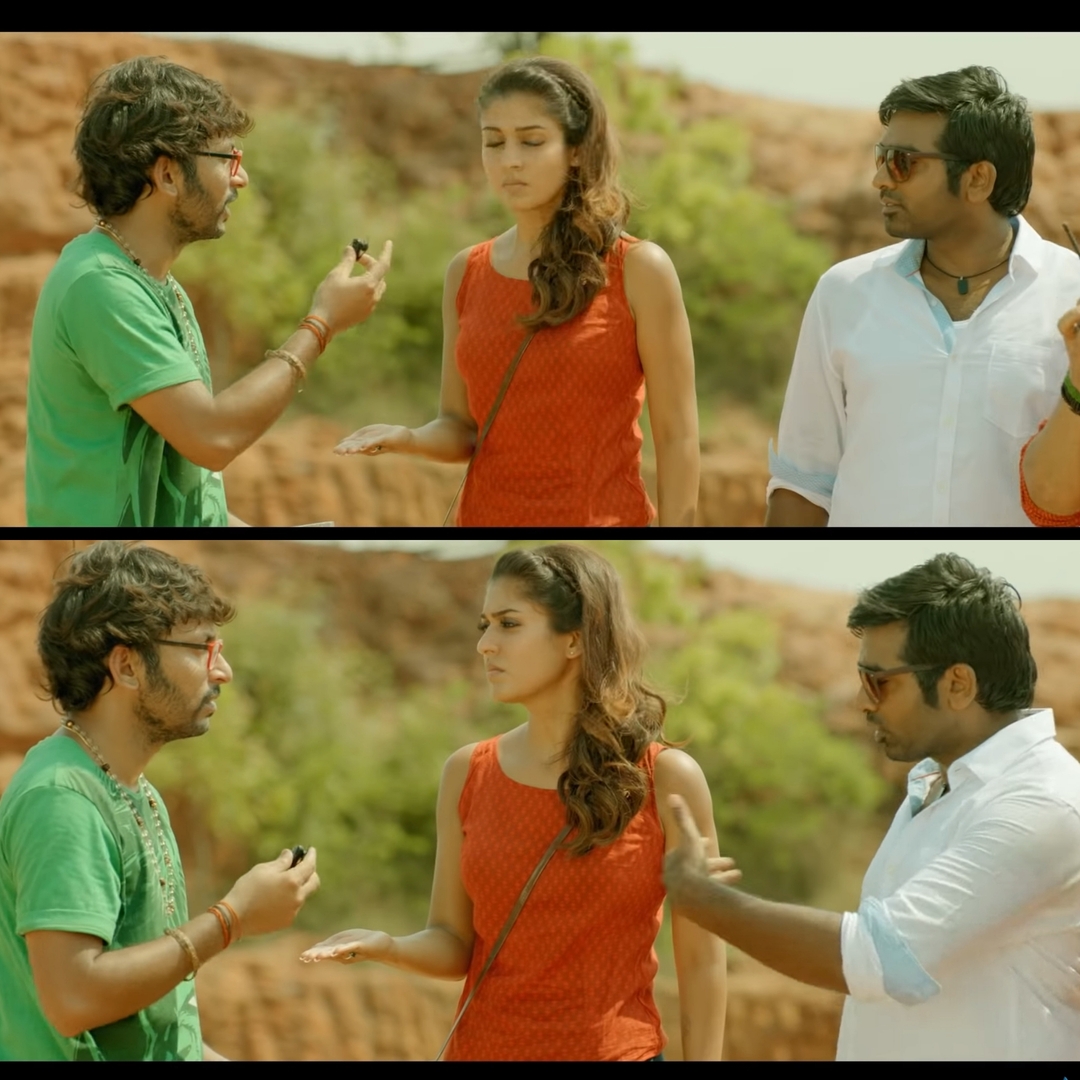 Naanum Rowdydhaan meme template with 'Pondy' Pandi (Vijay Sethupathi) with Kadambari (Nayanthara) with Junior Rowdy (Balaji Patturaj)