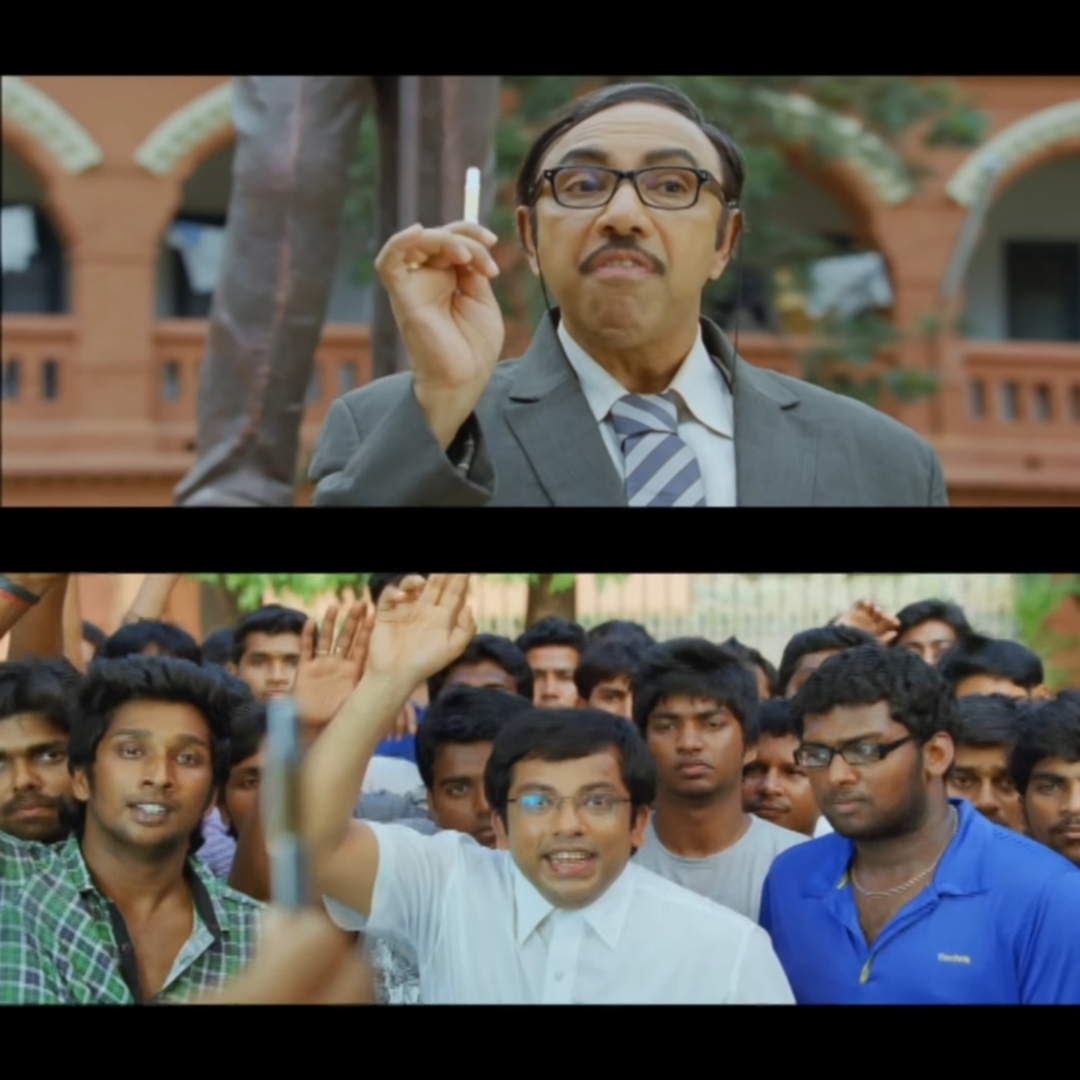 Nanban meme template with Virumandi Santhanam (Virus) (Sathyaraj) with Srivatsan (Silencer) (Sathyan Sivakumar)