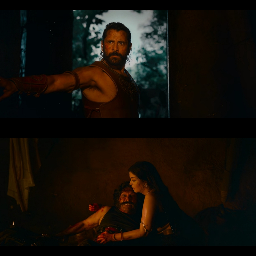 Ponniyin Selvan: Part I meme template with Aditha Karikalan (Vikram) with Nandini / Mandakini Devi (Aishwarya Rai Bachchan) with Veerapandiyan (Nassar)