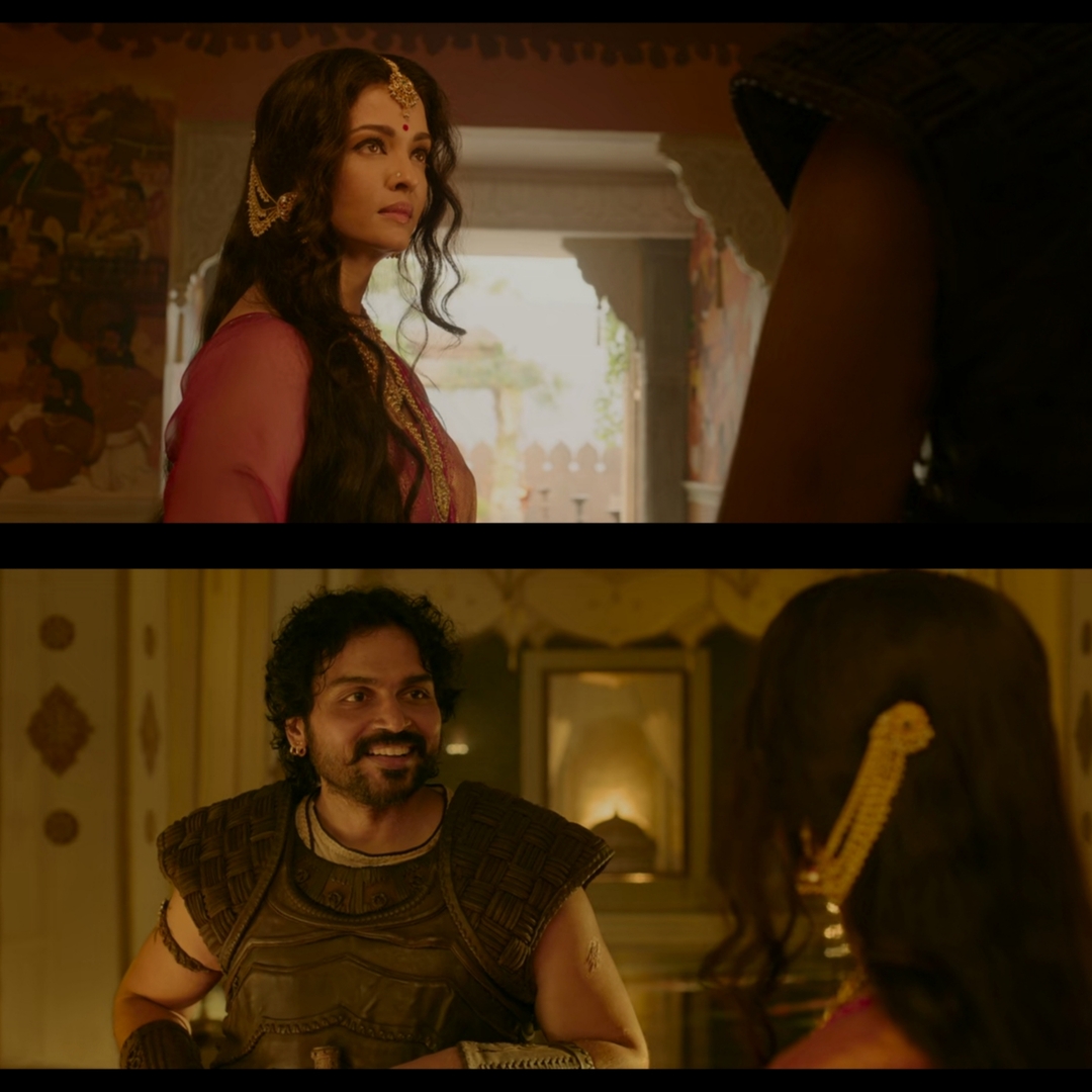 Ponniyin Selvan: Part I meme template with Nandini / Mandakini Devi (Aishwarya Rai Bachchan) with Vanthiyathevan (Karthi)