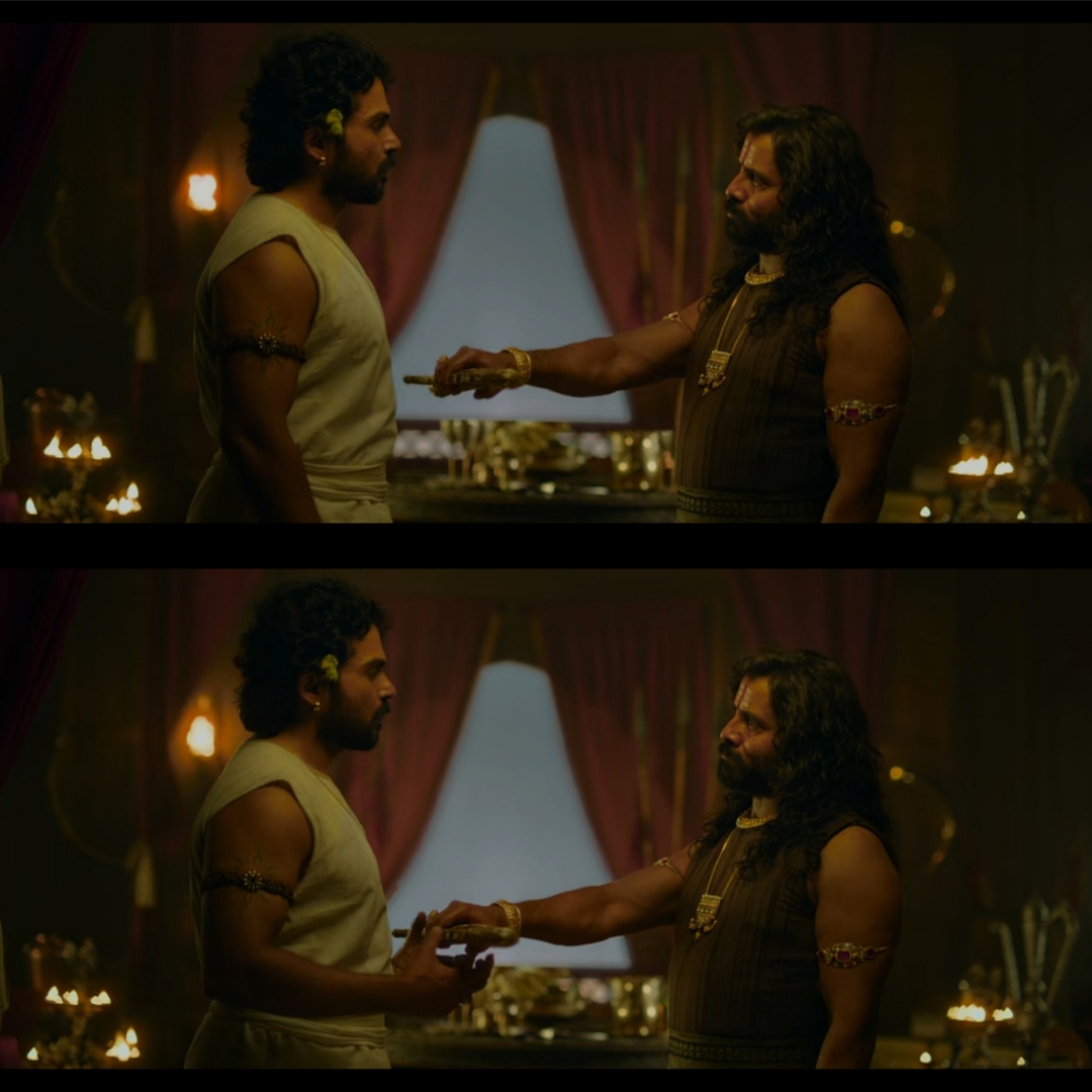 Ponniyin Selvan: Part I meme template with Aditha Karikalan (Vikram) with Vanthiyathevan (Karthi)