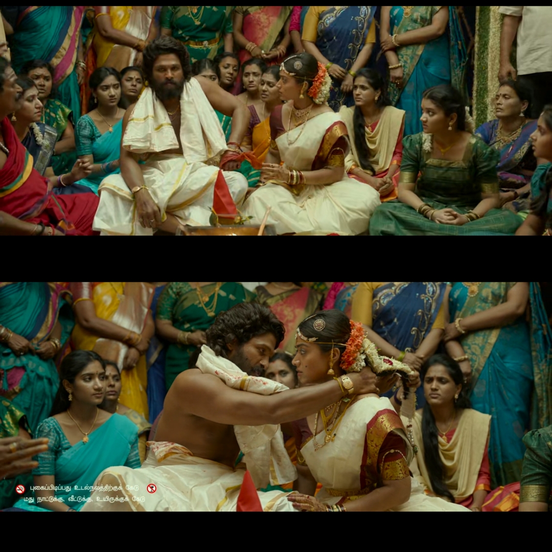 Pushpa: The Rise - Part 1 meme template with Pushpa Raj (Allu Arjun) with Kesava (Jagadeesh Prathap Bandari) with Srivalli (Rashmika Mandanna)