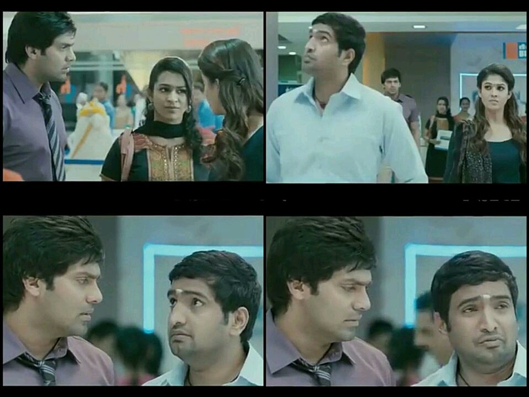 Raja Rani meme template with John (Arya) with Regina (Nayanthara) with Sarathy (Santhanam) with Madhu (Misha Ghoshal)