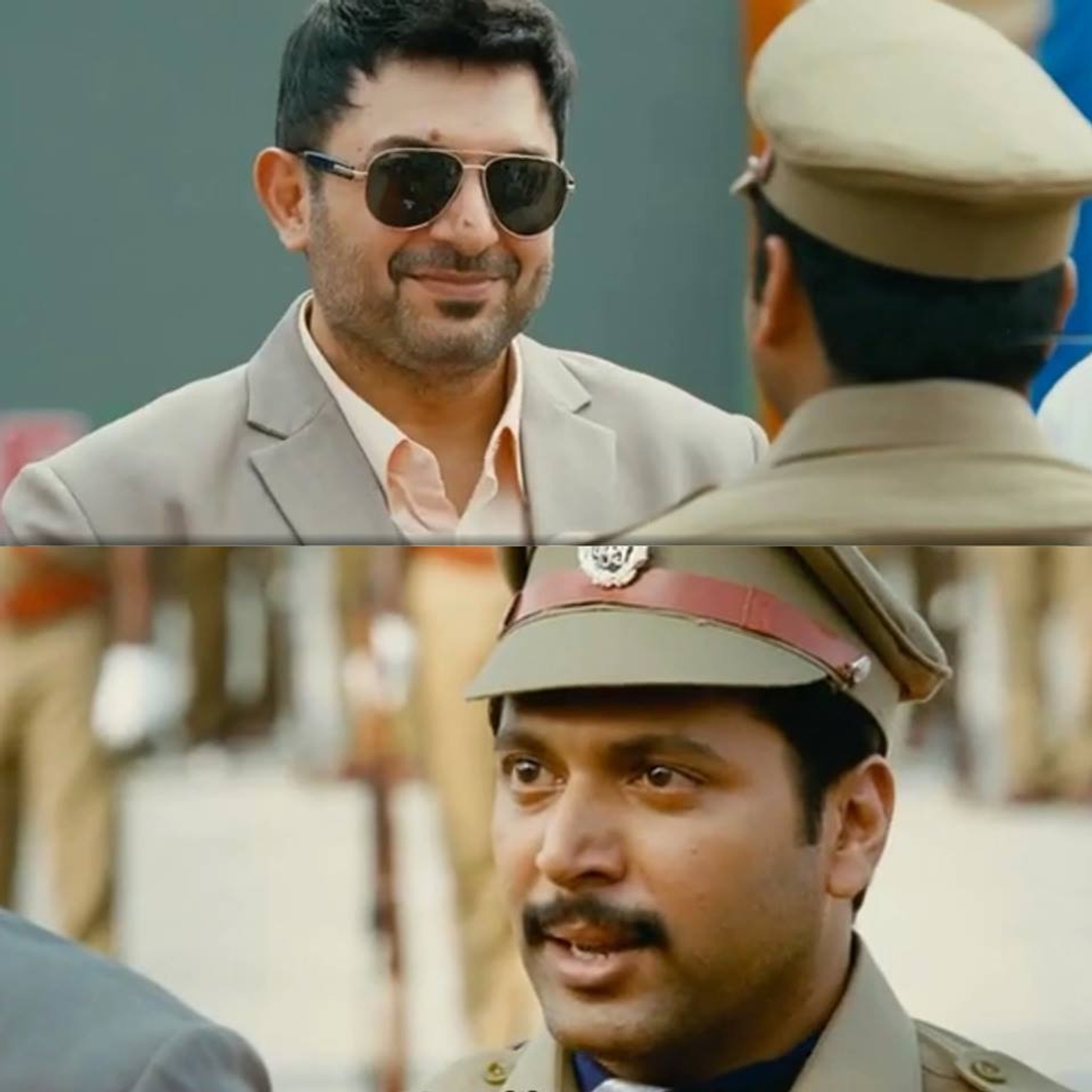 Thani Oruvan meme template with Mithran IPS (Jayam Ravi) with Dr. Siddharth Abhimanyu (Arvind Swamy)