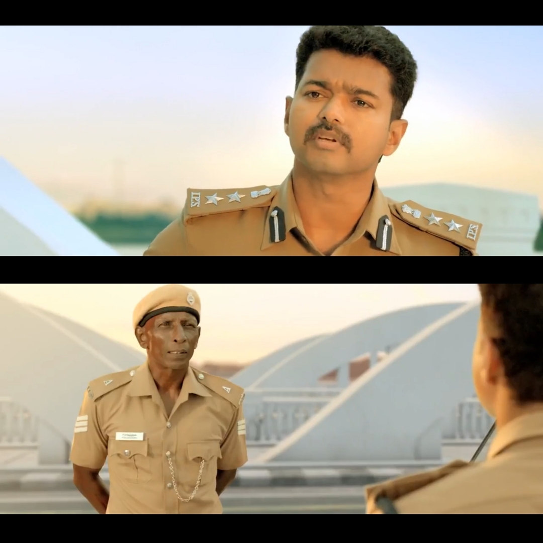 Theri meme template with Joseph Kuruvilla/Vijay Kumar/ Dharmeshwar (Vijay) with Rajendar (Rajendran)
