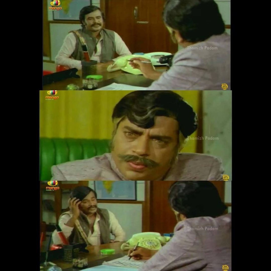 Thillu Mullu meme template with Chandran / Indiran (Rajinikanth) with Sri Ramachandramurthy (Thengai Srinivasan)