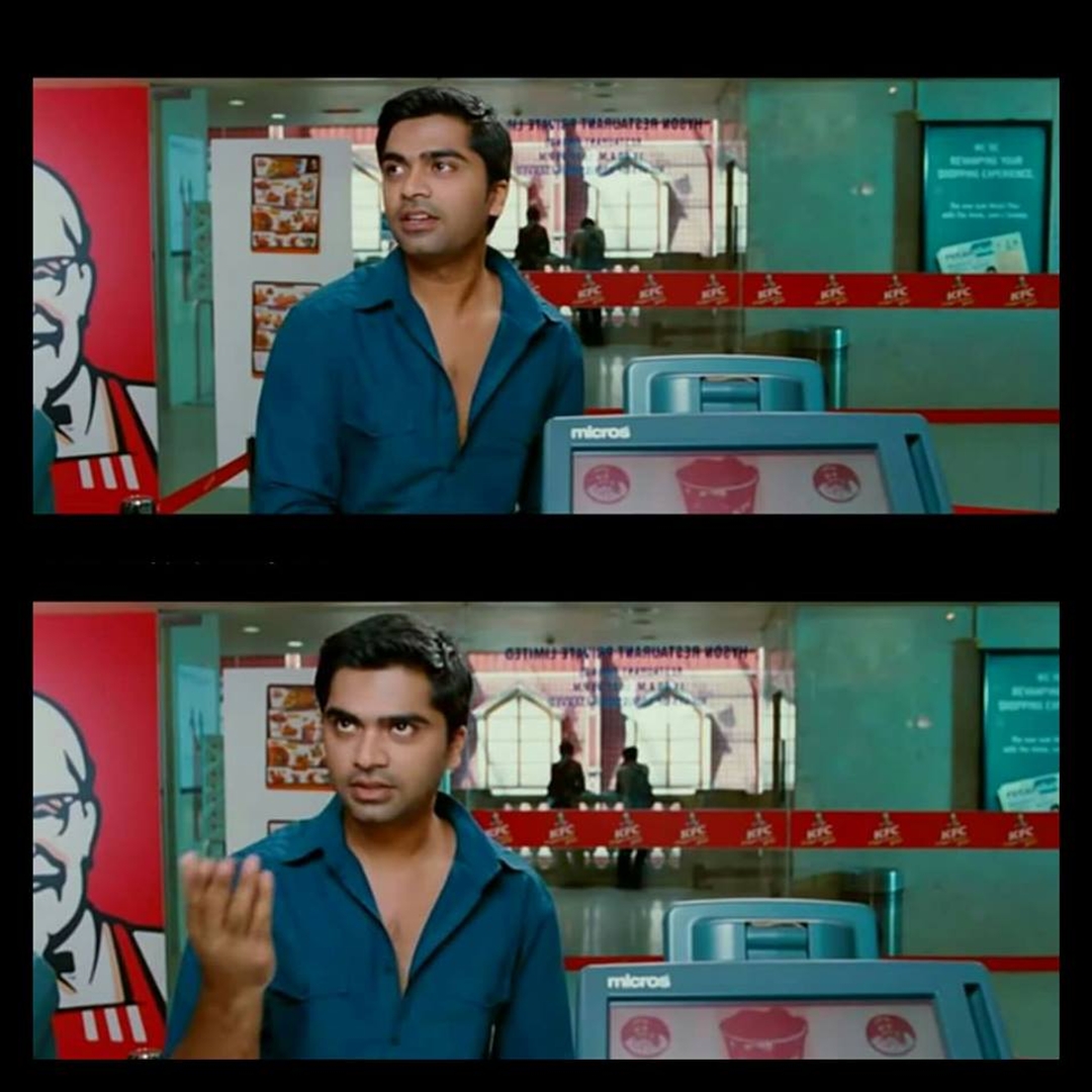 Vaalu meme template with Sharp (Silambarasan) with Sharp's mother (Sriranjini) with Tyre (Santhanam)