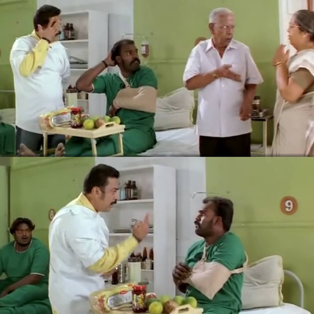 Vasool Raja MBBS meme template with Dr. Vishwanathan (Prakash Raj) with Rajaraman Venkatraman (Vasool Raja) (Kamal Haasan)
